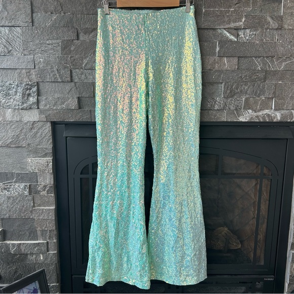 Blackmilk Pants - Blackmilk Iridescent Aqua Sequin Flare Pants